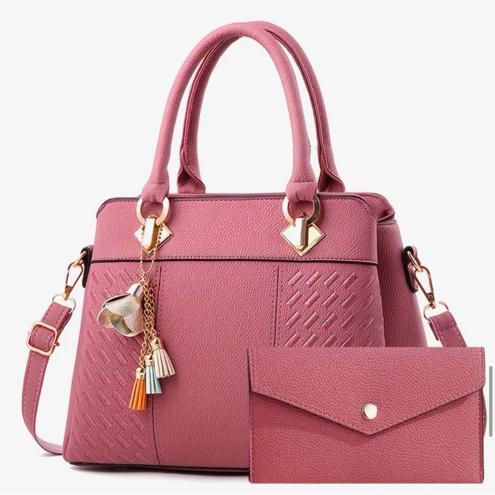 Elegant Pink Faux Leather Handbag and Wallet Set